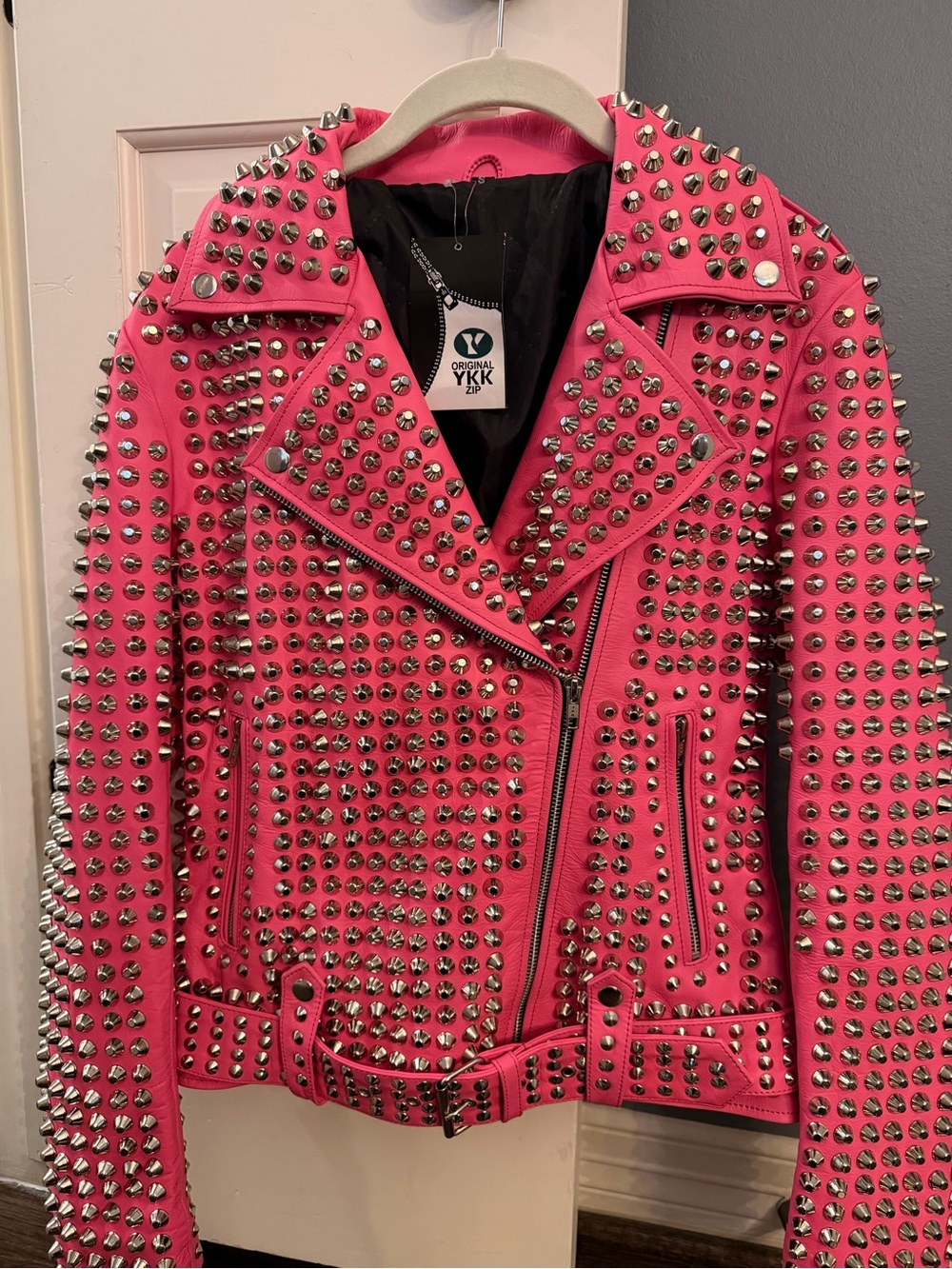 Hot pink Leather Jacket with Studs